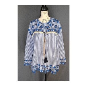 Velzera Women Blue Striped Embroidered Tassel Tie Open Front Jacket Top 1XL Boho